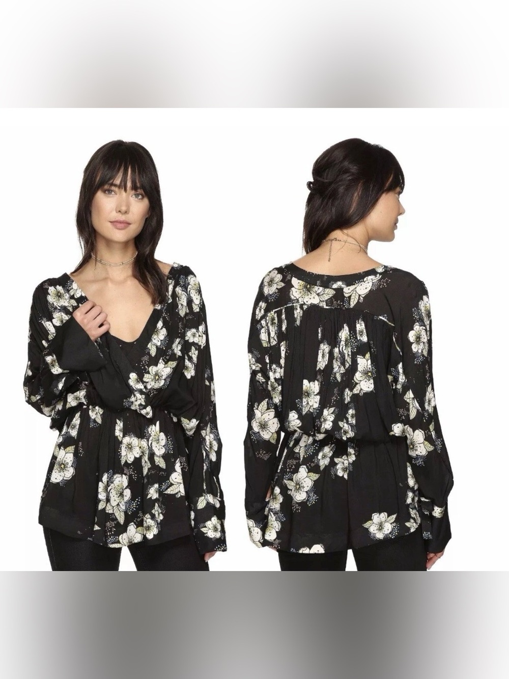 Free People Women Tuscan Dreams Tunic Floral Print Long Sleeve Wrap Top Sz M